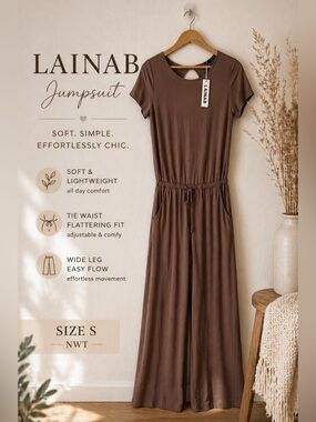Lainab Brown Short Sleeve Tie Waist Jumpsuit Size S NWT